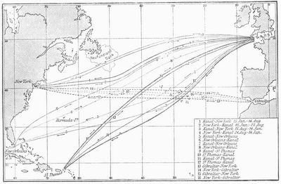 Dampferwege im Nordatlantischen Ozean. (Vgl. Erklärung S. 48.)