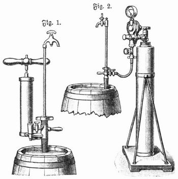 Fig. 1. Einfacher Bierdruckapparat. Fig. 2. Bierdruckapparat mit flüssiger Kohlensäure.