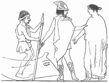 Charon, Hermes Psychopompos und eine Verstorbene (Vasenbild in München).