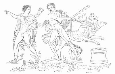 Herakles mit Hilfe des Hermes den Kerberos entführend (München, Vasenbild).