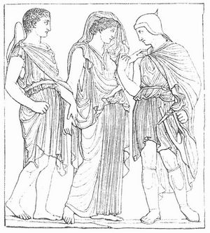 Hermes, Eurydike und Orpheus (Relief in der Villa Albani zu Rom).