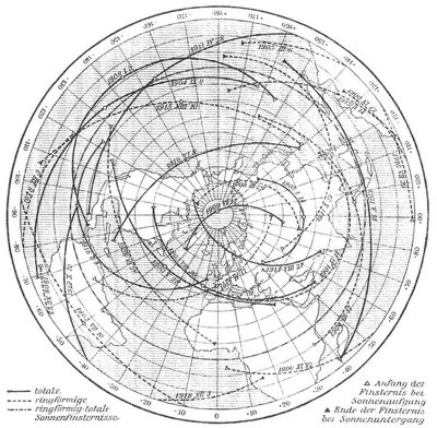 Fig. 5. Verlauf der Sichtbarkeitszonen der in den Jahren 1900–18 eintretenden totalen und ringförmigen Sonnenfinsternisse.