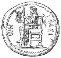 Zeus des Pheidias, auf dem Thronos sitzend (Münze von Elis).
