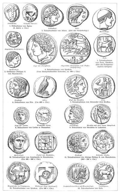 Münzen I. Griechische Münzen. Jede Münze in Vorder- und Rückansicht.